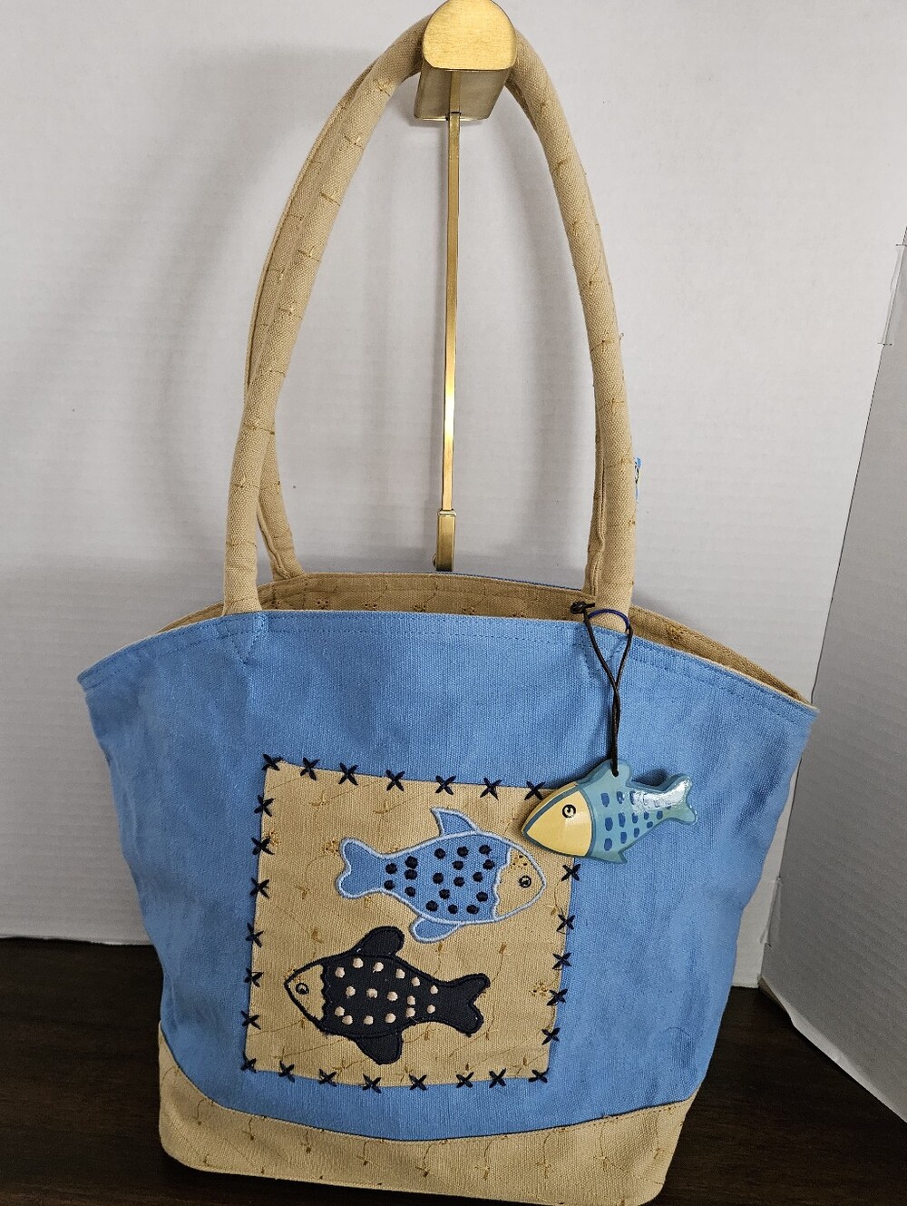 Coastal Blue Canvas Beach Bag – Whimsical Fish Patch & Wooden Tag